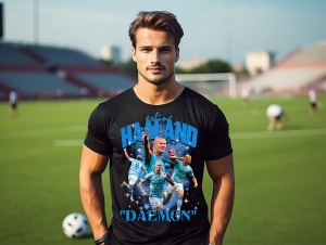 Bărbat purtând un tricou negru cu un design dedicat lui Erling Haaland, incluzând imagini ale fotbalistului și textul 'Haaland Daemon', pozând pe un teren de fotbal.