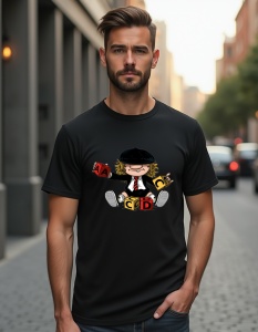 Bărbat purtând un tricou negru cu un desen de personaj cartoon care joacă cu cuburi de litere (A, B, C, D) în fața unui fundal urban.