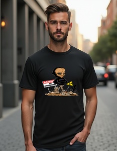 Bărbat purtând un tricou negru cu un design grafic care înfățișează un extraterestru în haine de capotă, stând lângă un semn de avertizare 'Danger - No Trespassing' și un semn cu radiații, în mijlocul unui peisaj de deșert cu cactuși.
