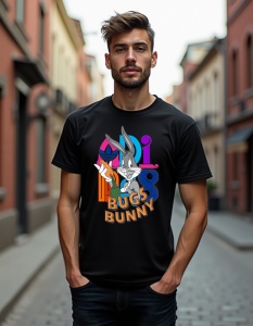 Un bărbat care poartă un tricou negru cu un design colorat al personajului Bugs Bunny, având textul 'BUGS BUNNY' și un logo Adidas.