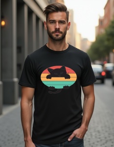 Bărbat purtând un tricou negru cu un design grafic de pisică neagră în fața unui fundal colorat în benzi orizontale retro în nuanțe de roșu, portocaliu, galben și verde.