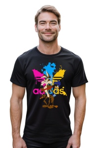 Bărbat cu barbă scurtă și păr scurt, purtând un tricou alb cu un design colorat ce include personaje animate (Coyote și Roadrunner) și pete de vopsea colorată roz, albastru și galben, pe fundal alb.