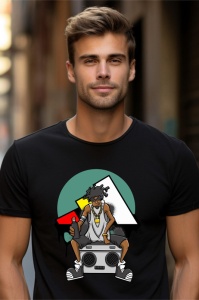 Tânăr purtând un tricou negru cu un design grafic reprezentând un personaj de desene animate cu păr afro și ochelari, așezat pe un casetofon portabil, pe un fundal geometric în culori roșu, galben, verde și negru.