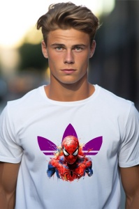 Tânăr purtând un tricou alb cu un design parodic, având o imagine cu Spider-Man în fața unui logo Adidas stilizat în violet.