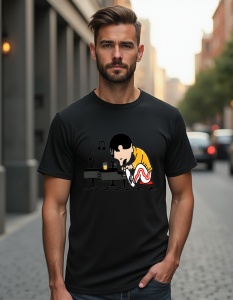 Un bărbat purtând un tricou negru cu un design desenat stilizat al unui muzician iconic la pian, îmbrăcat în jachetă galbenă și pantaloni albi cu dungi roșii, sugerând o referință la Freddie Mercury.