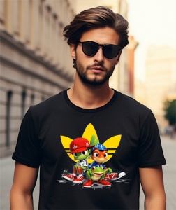 Bărbat purtând un tricou negru cu un design grafic inspirat de un logo Adidas, în care trei personaje desenate (un crocodil, un pește și o broască) sunt prezentate într-un stil urban, purtând pălării și adidași, cu un look energic și colorat.
