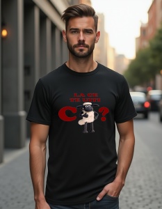Un bărbat purtând un tricou negru cu un design amuzant ce prezintă o oaie animată și textul în română 'La ce te uiți cu?' scris deasupra și dedesubtul personajului.