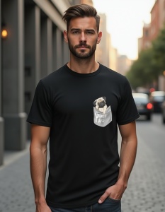 Bărbat purtând un tricou negru cu un design imprimat reprezentând un pug într-un buzunar pe piept, inscripționat cu textul 'Pugget It'.