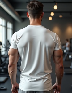 Bărbat văzut din spate, purtând un tricou alb, stând pe o stradă urbană între clădiri.