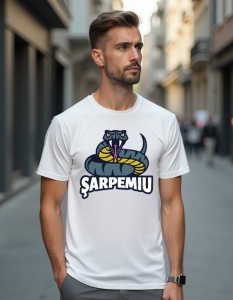 Bărbat purtând un tricou alb cu un design grafic reprezentând un șarpe încolăcit și textul 'ȘARPEMIU'