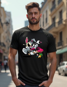 Un bărbat care poartă un tricou negru cu un design animat al lui Bugs Bunny alergând și mâncând o morcovă, cu o explozie de vopsea roz pe fundal.