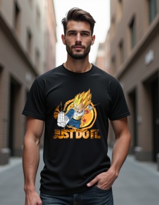Un bărbat care poartă un tricou negru cu un design inspirat din anime-ul Dragon Ball Z, care îl reprezintă pe Vegeta în forma sa Super Saiyan, alături de mesajul 'JUST DO IT.'