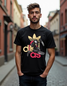 Bărbat purtând un tricou negru cu un desen al unui personaj inspirat de Wolverine, cu gheare de metal, într-o postură de atac, și logo-ul Adidas cu cuvântul 'FINALIST' pe fundal.