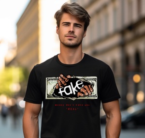Un bărbat purtând un tricou negru cu un design ce înfățișează două mâini ținând o bancnotă cu textul 'fake' suprapus și mesajul 'Money doesn't make you real' dedesubt, pozând pe o stradă urbană.