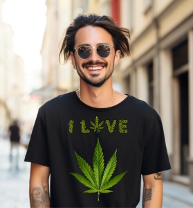 Bărbat zâmbitor, cu părul lung, ochelari de soare rotunzi și un lanț subtil, purtând un tricou negru cu textul „I LOVE” și o grafică a unei frunze mari de cannabis sub text. Fundalul este o stradă urbană însorită, ce emană o atmosferă relaxată și modernă.