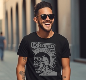 Bărbat purtând un tricou negru decorat cu designul trupei punk "The Exploited". Grafica afișează un craniu cu un mohawk distinct, caracteristic stilului punk, alături de textul "The Exploited" încadrat într-un dreptunghi. Bărbatul zâmbește larg, purtând o