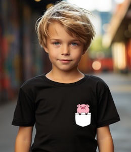 Tricou personalizat pentru copii din bumbac 100% cu imprimeu de buzunar - Purceluș roz simpatic - Tricou amuzant pentru copii - Img 2