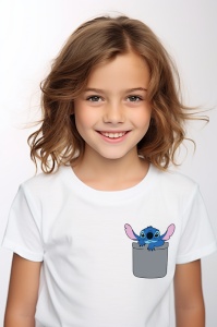Tricou personalizat pentru copii din bumbac 100% cu imprimeu de buzunar - Stitch albastru adorabil - Cadou pentru fanii Lilo & Stitch - Img 3