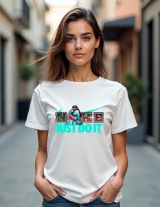 Tricou alb purtat de o femeie, decorat cu un design vibrant pe piept. Designul include logo-ul 'Nike' în nuanțe de albastru și maro, alături de sloganul 'Just Do It' scris cu litere albastre luminoase. Deasupra logo-ului apare un personaj animat într-o po