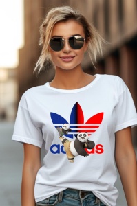 Femeie purtând un tricou alb cu un design inspirat de Adidas în culori roșu și albastru, având personaje din Kung Fu Panda. Tricoul afișează imaginea lui Po și a unui alt personaj din film, alături de logo-ul Adidas reinterpretat.