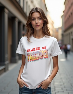 Tricou personalizat pentru dama din bumbac 100% - Salutări din Trebuci - Img 2