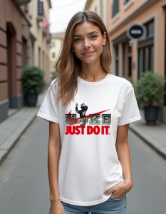 Tricou alb purtat de o femeie, având un design care include logo-ul 'Nike' stilizat în culori gri și roșu, cu sloganul 'Just Do It' dedesubt. Logo-ul este acompaniat de un personaj animat în acțiune, situat deasupra unui swoosh roșu, în partea superioară.