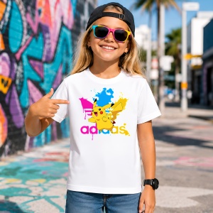 Tricou Pikachu Pokemon Vopsea Improscata Logo Roz Urban Street Art, din bumbac 100% Copii | Dama | Barbat - Img 4