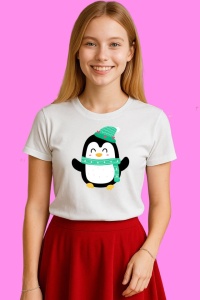 Tricou Pinguin Cu Caciula Si Fular Verde, din bumbac 100%, tricou alb, Copii | Dama | Barbat - Img 4