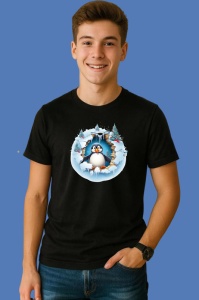 Tricou Pinguin Cu Fundal Alb Si Zapada Craciun, din bumbac 100% Copii | Dama | Barbat