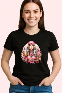 Tricou Pink drink cap girl with roses, fata cu bautura roz sapca si trandafiri, Copii | Dama | Barbat , tricou negru