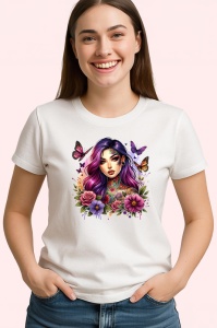 Tricou pink purple hair girl flower tattoo, fata par roz mov cu tatuaj floral, Copii | Dama | Barbat - Img 3
