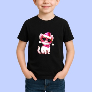 Tricou Pisica alba cu caciula si soseta rosie fundal alb Copii | Dama | Barbat, culoare negru - Img 4