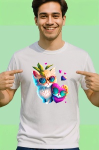Tricou Pisica alba cu flori galbene si fundal curat Copii | Dama | Barbat - Img 2