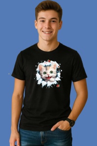Tricou Pisica Alba Cu Fular Rosu Craciun, din bumbac 100% Copii | Dama | Barbat - Img 2