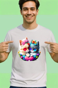 Tricou Pisica alba cu ochelari si flori mov pe luna Copii | Dama | Barbat - Img 2