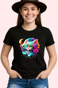 Tricou Pisica alba pe luna cu flori albastre fundal deschis Copii | Dama | Barbat, culoare negru - Img 3