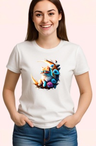 Tricou Pisica alba portocalie pe luna si flori albastre Copii | Dama | Barbat