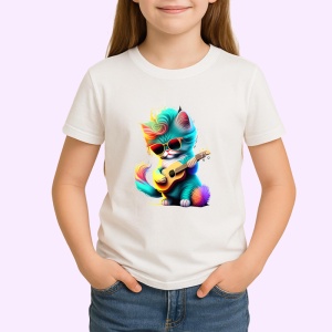 Tricou Pisica albastra cu chitara galbena si ochelari mari Copii | Dama | Barbat - Img 4