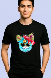 Tricou Pisica albastra cu fundita si globuri roz Copii | Dama | Barbat, culoare negru - Img 2