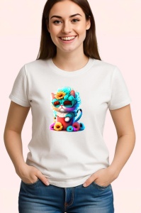 Tricou Pisica albastra cu inima si flori galbene Copii | Dama | Barbat