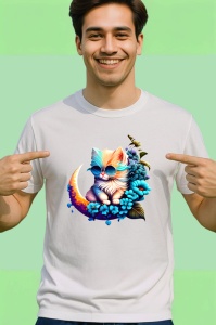 Tricou Pisica albastra pe luna cu flori fundal alb Copii | Dama | Barbat
