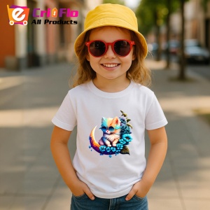 Tricou Pisica albastra pe luna cu flori fundal alb Copii | Dama | Barbat - Img 11