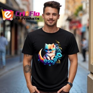 Tricou Pisica albastra pe luna cu flori fundal alb Copii | Dama | Barbat, culoare negru - Img 5