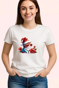 Tricou Pisica Craciun cu caciula rosie si fundal negru Copii | Dama | Barbat - Img 2