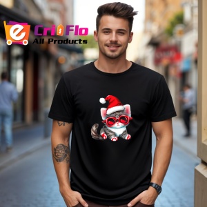 Tricou Pisica Craciun cu caciula si ochelari rosii Copii | Dama | Barbat, culoare negru - Img 6