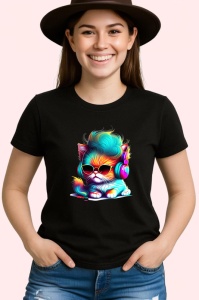 Tricou Pisica cu barba si ochelari rotunzi stil retro Copii | Dama | Barbat, culoare negru - Img 3