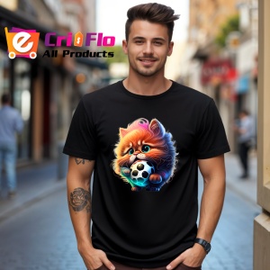 Tricou Pisica cu blana lunga tinand minge alb negru Copii | Dama | Barbat, culoare negru - Img 6