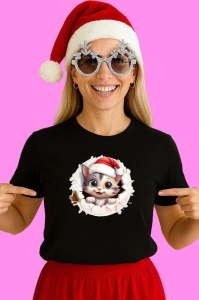 Tricou Pisica Cu Caciula Rosie Craciun, din bumbac 100% Copii | Dama | Barbat - Img 3
