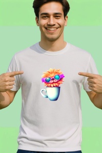 Tricou Pisica cu cana alba si flori colorate in par Copii | Dama | Barbat - Img 2