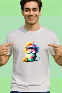 Tricou Pisica cu cana de cafea si ochelari albastri Copii | Dama | Barbat - Img 2